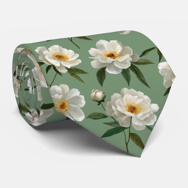 White Peony Floral Pattern Tie (Rolled)