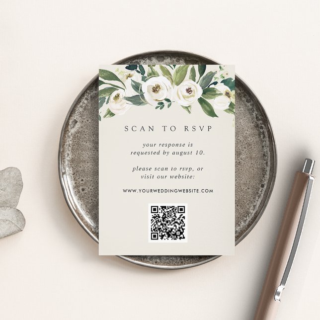 White Peony | Floral QR Code Wedding RSVP Enclosure Card (Creator Uploaded)