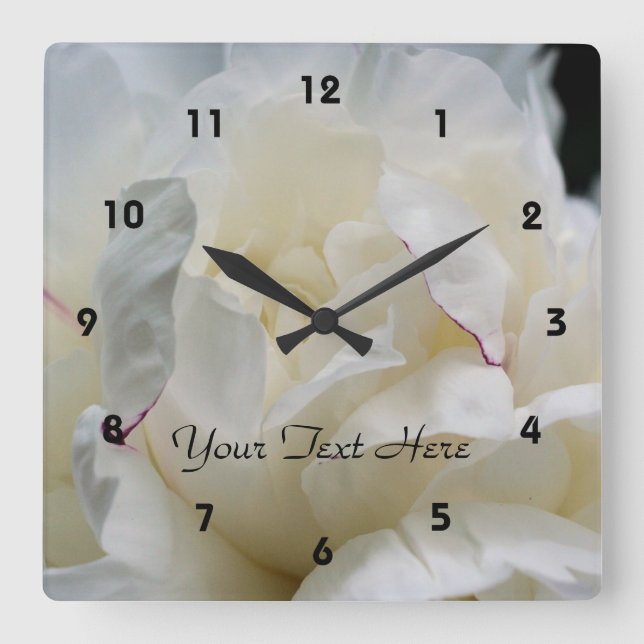 White Peony Flower Petals Nature Square Wall Clock (Front)