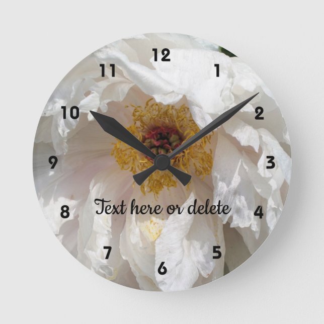 White Peony Flower Petals With Pollen Personalized Round Clock (Front)