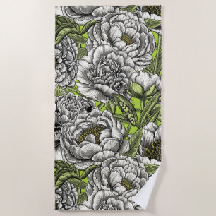 White peony flowers and moths beach towel