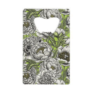 White peony flowers and moths credit card bottle opener