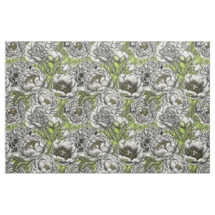 White peony flowers and moths fabric