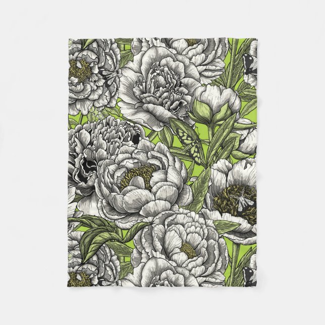White peony flowers and moths fleece blanket (Front)