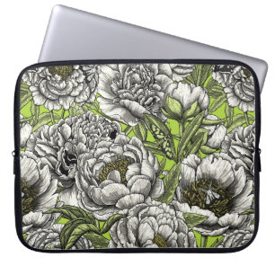 White peony flowers and moths laptop sleeve