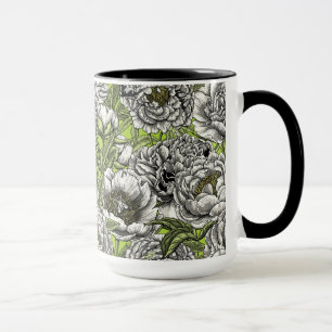 White peony flowers and moths mug