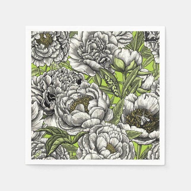White peony flowers and moths napkin (Front)