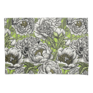 White peony flowers and moths pillowcase