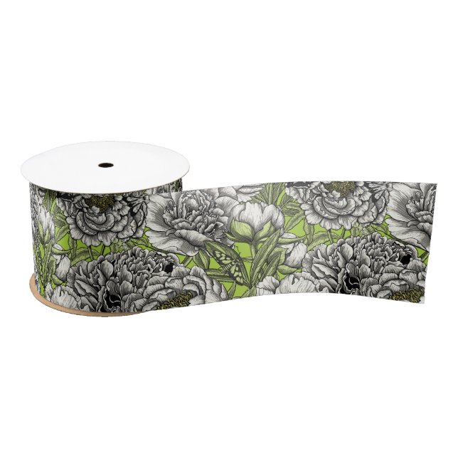 White peony flowers and moths satin ribbon (Spool)