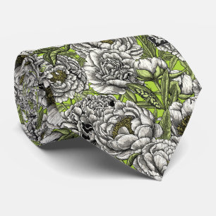 White peony flowers and moths tie