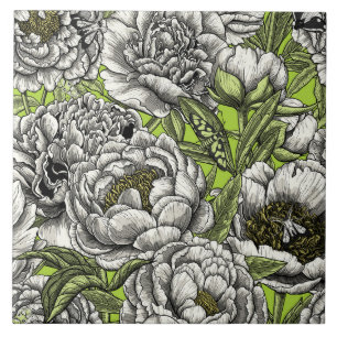 White peony flowers and moths tile