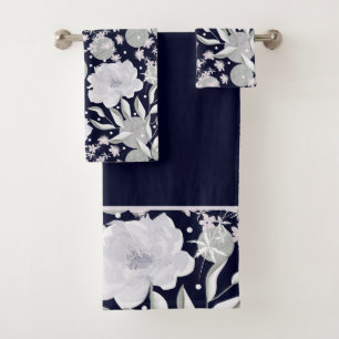 White peony flowers on dark blue. bath towel set
