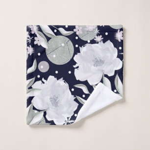 White peony flowers on dark blue. wash cloth