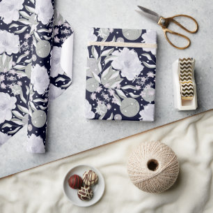 White peony flowers on dark blue. wrapping paper