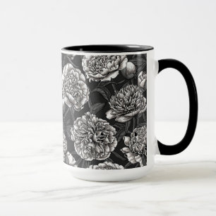 White peony flowers on dark gray mug