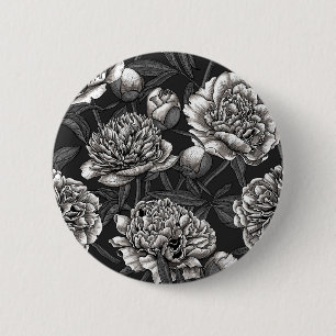 White peony flowers on dark grey 2 inch round button