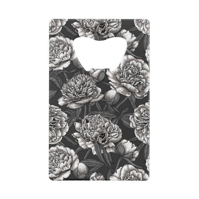 White peony flowers on dark grey credit card bottle opener (Front)