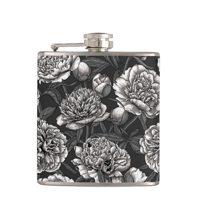 White peony flowers on dark grey hip flask (Front)