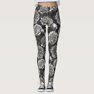 White peony flowers on dark grey leggings
