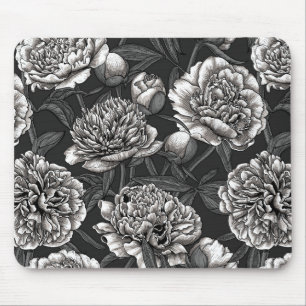White peony flowers on dark grey mouse pad