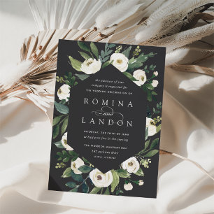 White Peony Geometric Floral Frame Wedding Invitation