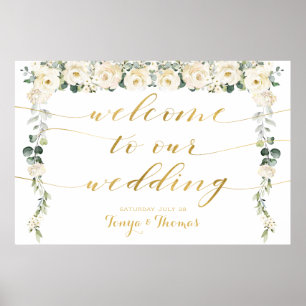 White Peony Gold Calligraphy Welcome To Wedding Poster