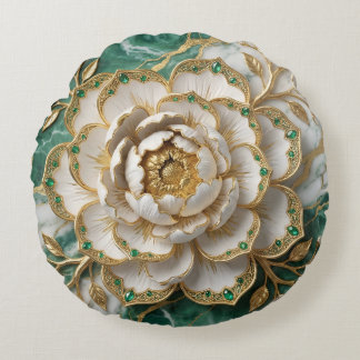 White Peony Gold Filigre Emerald Luxury Floral Art Round Pillow
