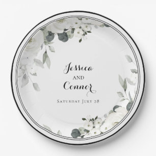 White Peony Greenery Wedding 9 Inch Dinner Paper Plate