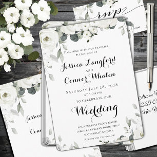 White Peony Greenery Wedding Invitation
