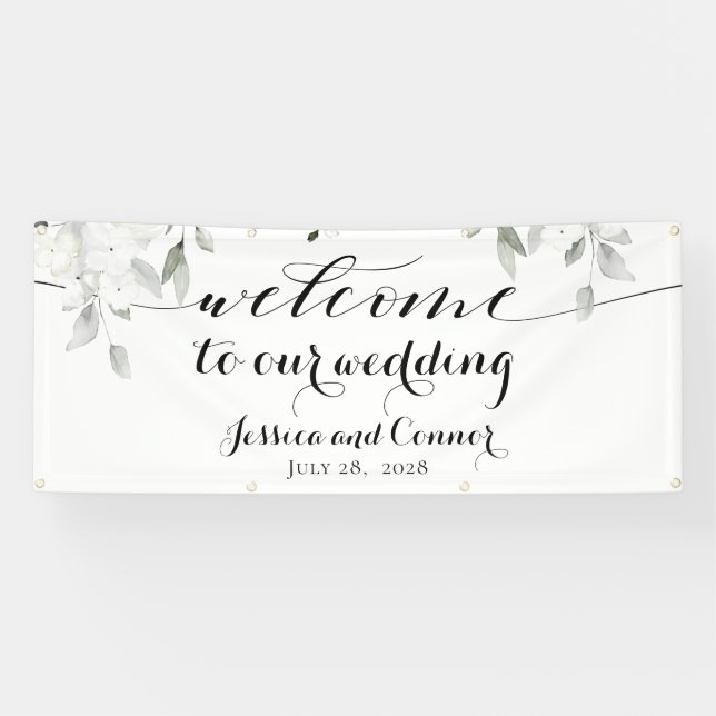 White Peony Greenery Welcome To Our Wedding 2x6' Banner (Horizontal)
