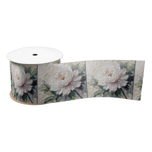 White Peony Impasto Art Satin Ribbon