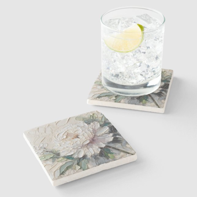 White Peony Impasto Art Stone Coaster (Side)