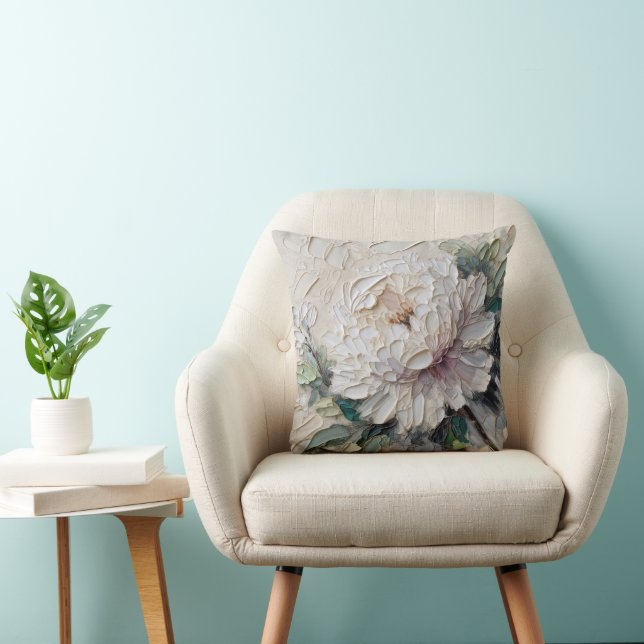 White Peony Impasto Art Throw Pillow (Chair)