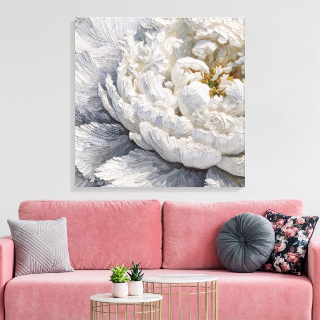White Peony Impasto Painting Canvas Print (Insitu(LivingRoom))