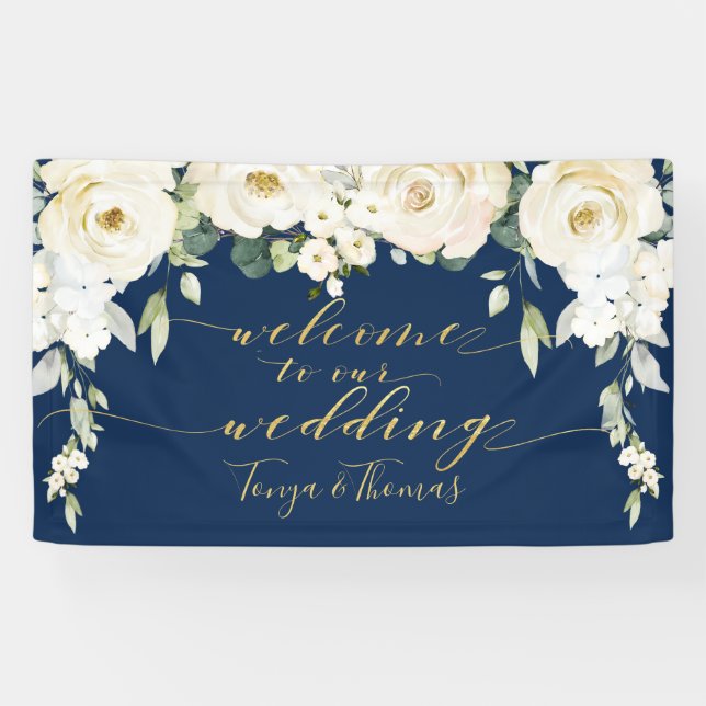 White Peony Navy Fancy Gold Calligraphy Welcome Banner (Horizontal)