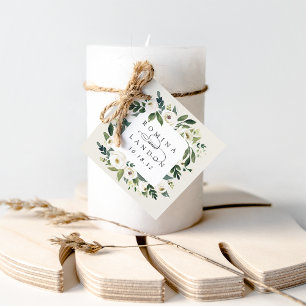 White Peony Personalized Floral Frame Wedding Favour Tags