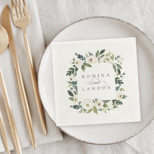 White Peony   Personalized Floral Frame Wedding Napkin