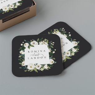 White Peony Personalized Floral Frame Wedding Square Paper Coaster
