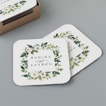 White Peony | Personalized Floral Frame Wedding Square Paper Coaster<br><div class="desc">Our White Peony watercolor floral wedding collection features delicately painted watercolor greenery,  green botanical foliage and white and ivory peony flowers. Personalize these coasters with your names,  joined by a decorative script accent.</div>