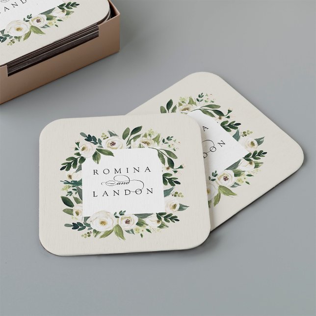 White Peony | Personalized Floral Frame Wedding Square Paper Coaster (Creator Uploaded)