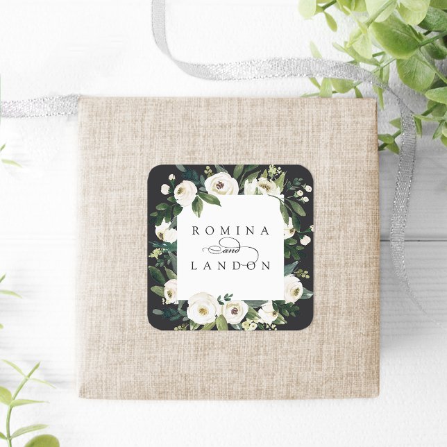 White Peony | Personalized Floral Frame Wedding Square Sticker (Creator Uploaded)