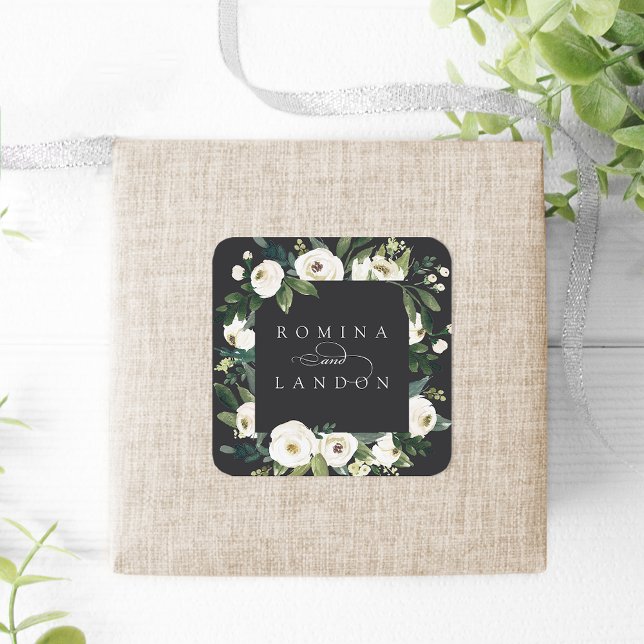 White Peony | Personalized Floral Frame Wedding Square Sticker (Creator Uploaded)