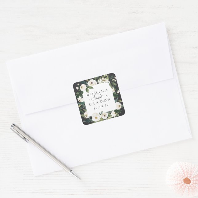 White Peony | Personalized Floral Frame Wedding Square Sticker (Envelope)