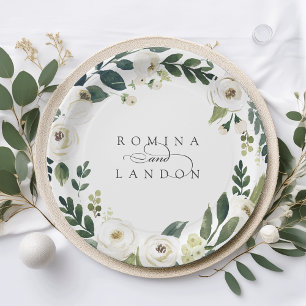 White Peony   Personalized Floral Wreath Wedding Paper Plate