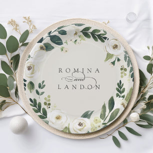 White Peony   Personalized Floral Wreath Wedding Paper Plate