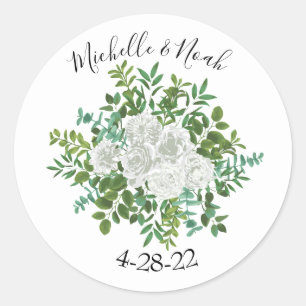 White Peony & Rose Floral Wedding Classic Round Sticker