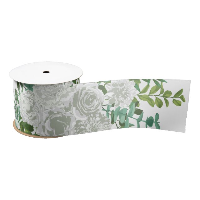 White Peony & Rose Floral Wedding Satin Ribbon (Spool)