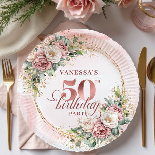 White Peony Rose Gold 50th Birthday Paper Plates