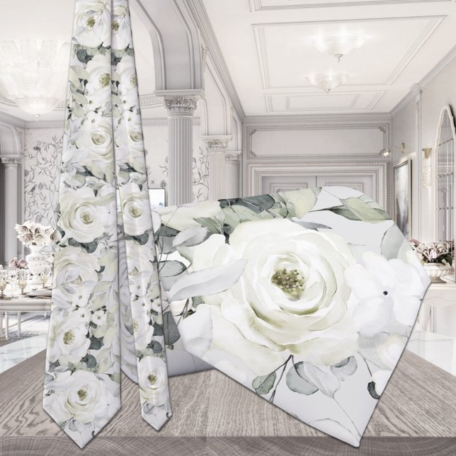 White Peony Silver Eucalyptus Wedding Neck Tie (Creator Uploaded)