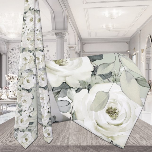 White Peony Silver Eucalyptus Wedding Sage Green Tie (Creator Uploaded)